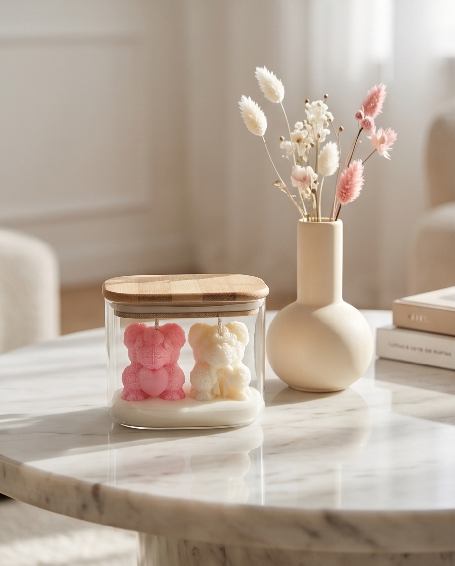 Handgefertigtes Rosenbären-Duo im Glas – Exklusives Design-Objekt