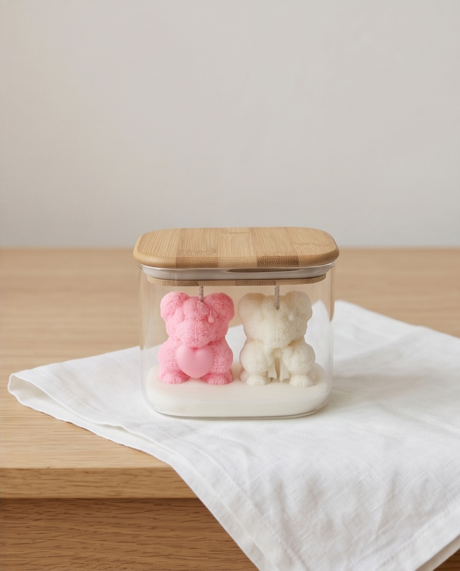 Handgefertigtes Rosenbären-Duo im Glas – Exklusives Design-Objekt