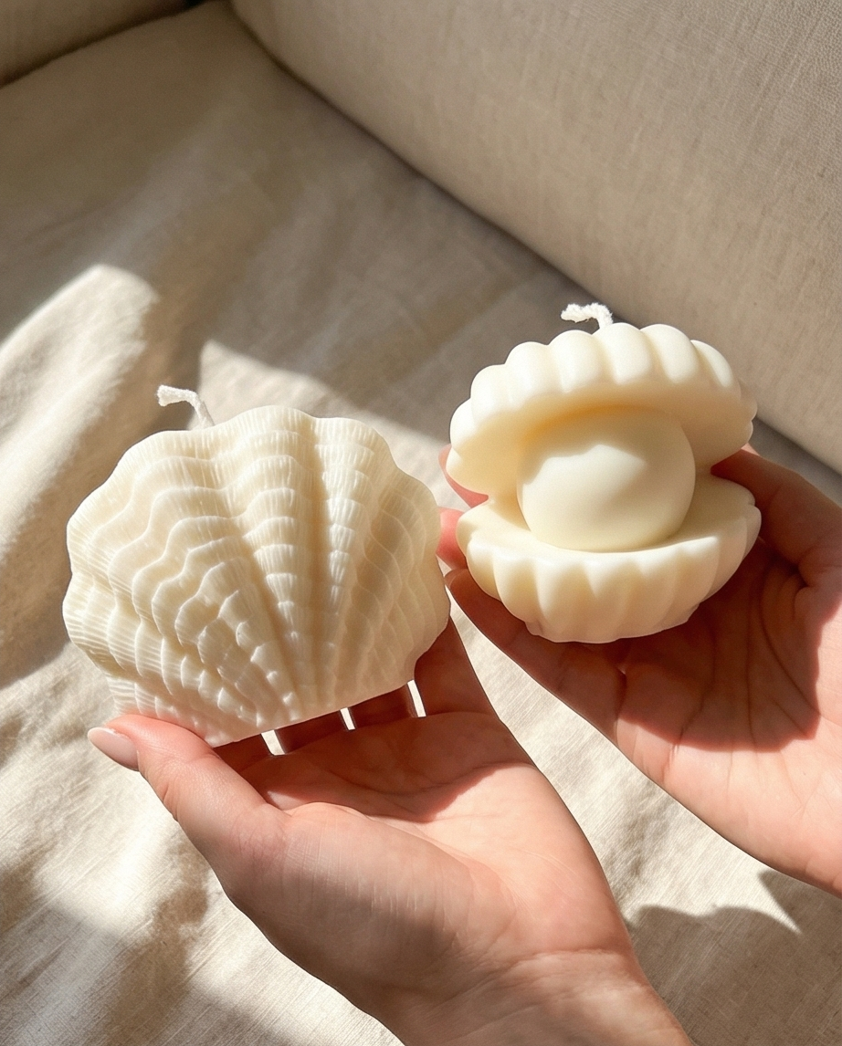 Muschelkerze+Perlenmuschelkerze im 2er- Set