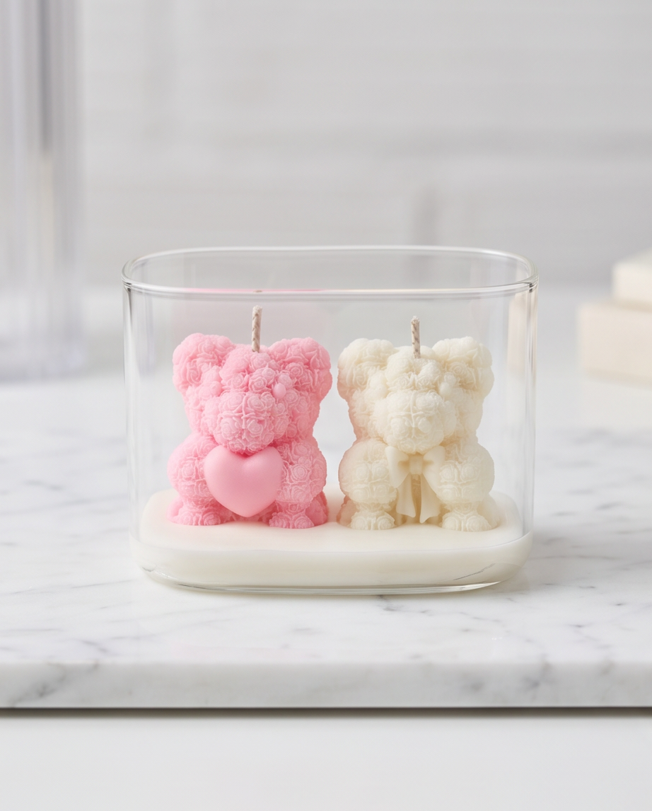 Handgefertigtes Rosenbären-Duo im Glas – Exklusives Design-Objekt